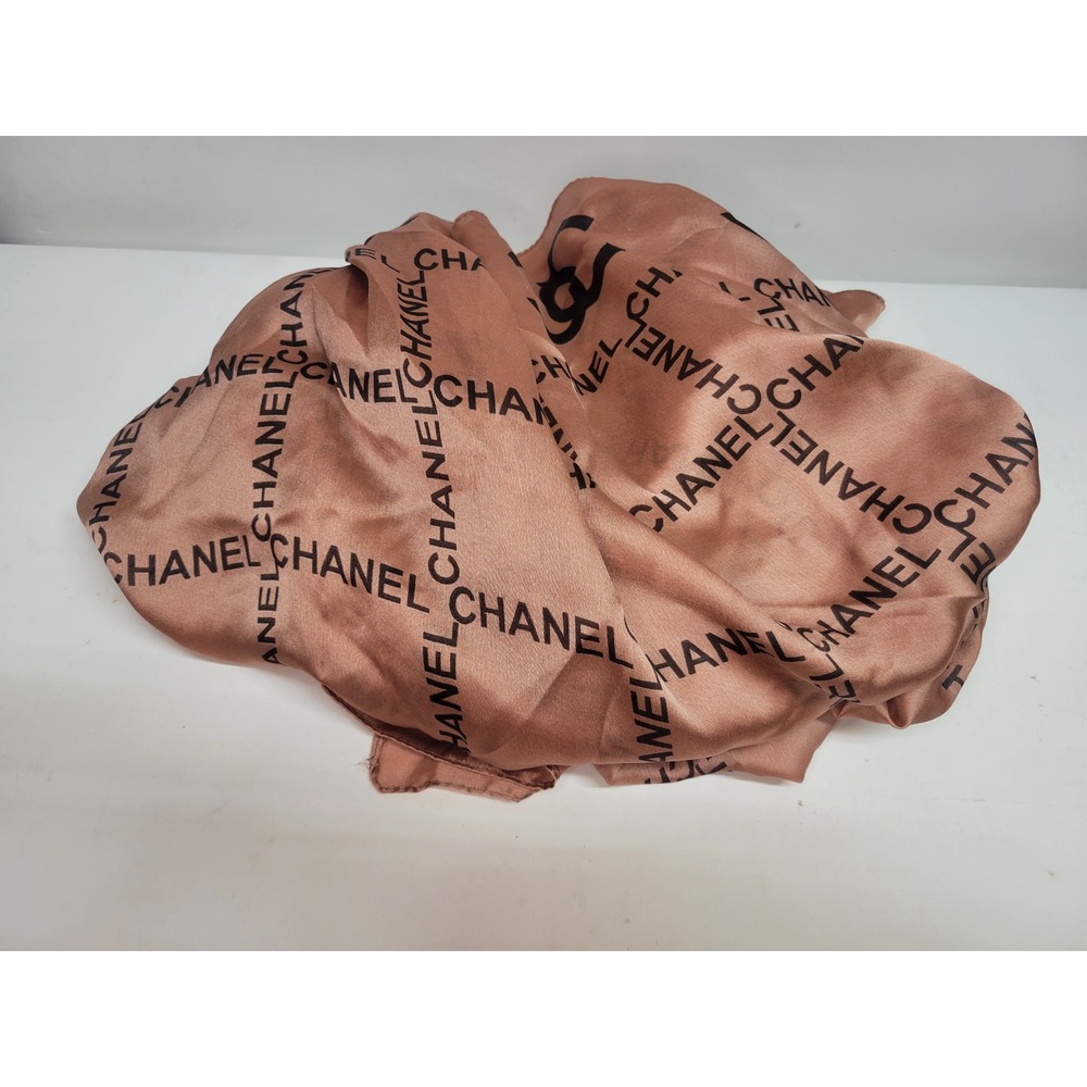 Chanel Silk Scarf CC Logo Print Beige Made in France Luxury Accessory 72x36 - Picture 3 of 7